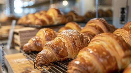 Freshly Baked Croissants Displayed on Rack: Golden Brown Pastries Cooling Against Bakery Backdrop