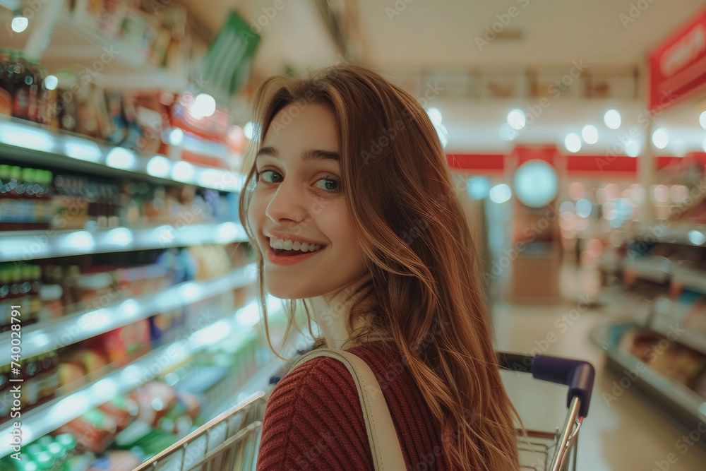 Beautiful young woman pushing cart for shopping in a supermarket