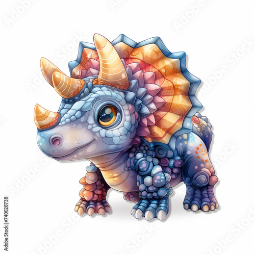 A baby triceratops dinosaur is drawn in a cute way on a white background. Dinosaur designs for nursery wall art, cards, t-shirts, books, stickers, and birthday invites.