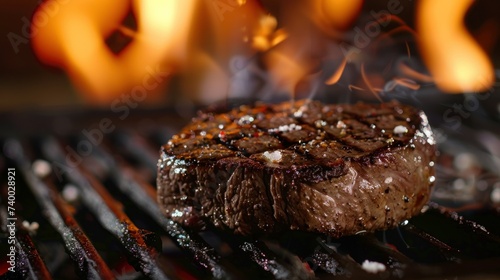 Seared Steak on Grill with Flames and Smoke. Intense flames and smoke rise as a steak is seared to perfection on a hot grill, creating tantalizing char marks. photo