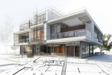 Projet de construction d'une maison moderne d'architecte sous forme d'esquisse avec plan