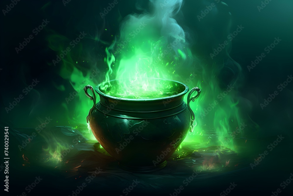 Cauldron with green glowing potion on dark foggy backdrop. Concept Witch's Cauldron, Glowing Potion, Dark Atmosphere, Foggy Backdrop Cauldron with green glowing potion on dark foggy backdrop. Concept Witch's Cauldron, Glowing Potion, Dark Atmosphere, Foggy Backdrop