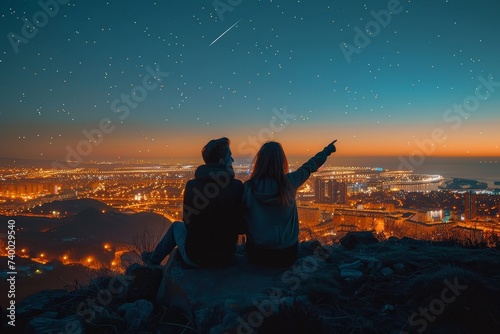 A couple shares a peaceful moment atop a rocky mountain, gazing at the twinkling stars above and the illuminated city below, the warm hues of sunset casting a romantic glow on their outdoor attire