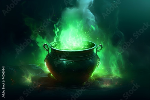 Cauldron with green glowing potion on dark foggy backdrop. Concept Witch's Cauldron, Glowing Potion, Dark Atmosphere, Foggy Backdrop