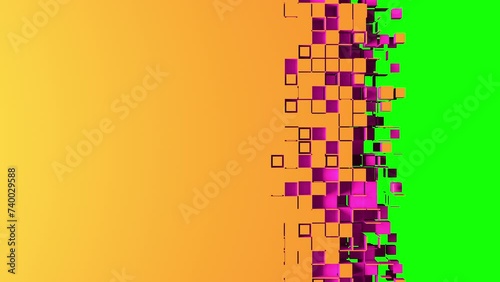 Pink square cells form yellow shutter that goes to the left, hide green screen and transparent background. Nanotech 3D animation, transition intro. Alpha channel ProRes 4444 in 4k UHD, color id mask.