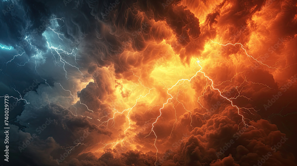 Obraz premium lightning storm with storm clouds and flame on the sky. gloomy cloudy dramatic ominous epic sky background
