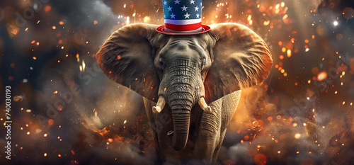 An elephant in an Uncle Sam hat poses confidently amidst a dynamic backdrop of fiery sparkles and embers