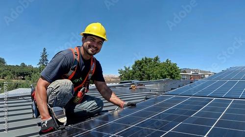technicien en train de poser des panneaux photovoltaïques sur la toiture d'un bâtiment photo