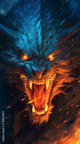 A dramatic illustration of a fierce dragon with glowing eyes, surrounded by intense flames © Hamza