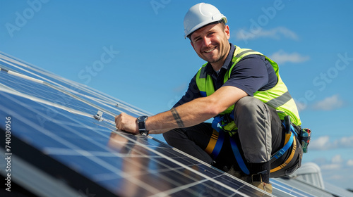 technicien en train de poser des panneaux photovoltaïques sur la toiture d'un bâtiment
