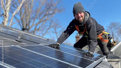 technicien en train de poser des panneaux photovoltaïques sur la toiture d'un bâtiment photo