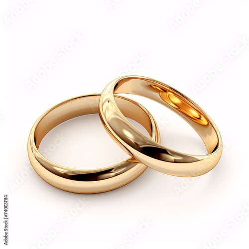 Shiny gold wedding rings isolated on white background, symbolizing love and commitment. Marriage ceremony jewelry concept. Pair of precious gold wedding bands. Eternal bond of marriage.