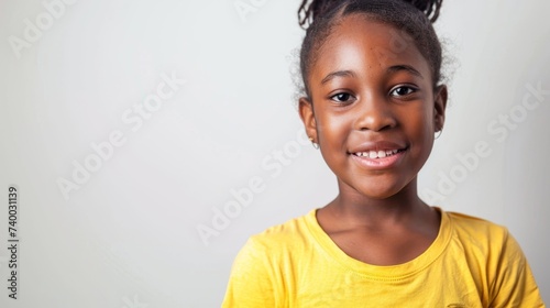 black african american joyful young girl with sparkling eyes and braided hair, wearing a yellow t-shirt, smiling cheerfully, white background, concept of happiness and parenting