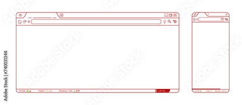 Red transparent internet browser phone app webpage, blank website template vector design. Editable lines web browser with icons illustration. Homepage mockup background illustration.
