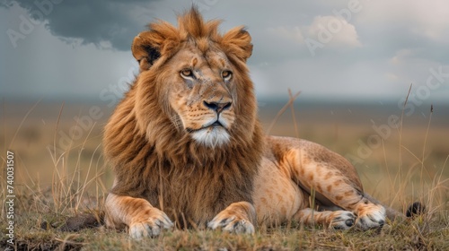 Majestic lion lying on the savannah grass  with a dramatic stormy sky in the background  symbolizing strength and the wild beauty of Africa