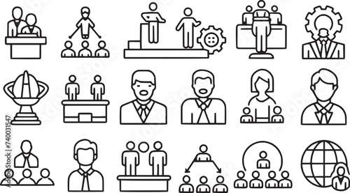 business people icons set vector collections. cooperation, diversity, leadership, meeting, teamwork, businessman, office, person, set, icon, association, brainstorm, brainstorming, 