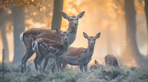 Serene deer family grazing in a misty forest at dawn, soft light filtering through trees