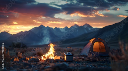 Coffee pot on campfire. Small kettle is heated on a bonfire. Hiking, travel in the mountains. Outdoor recreation concept.