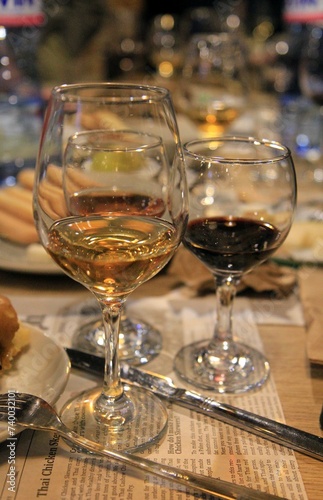Bottles and glasses of wine. Tasting of sweet Bulgarian wines, Varna (Bulgaria)