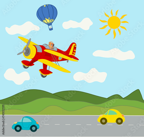 under the blue sky, green meadows, cars, a hot air balloon and a red-yellow plane, with a cat