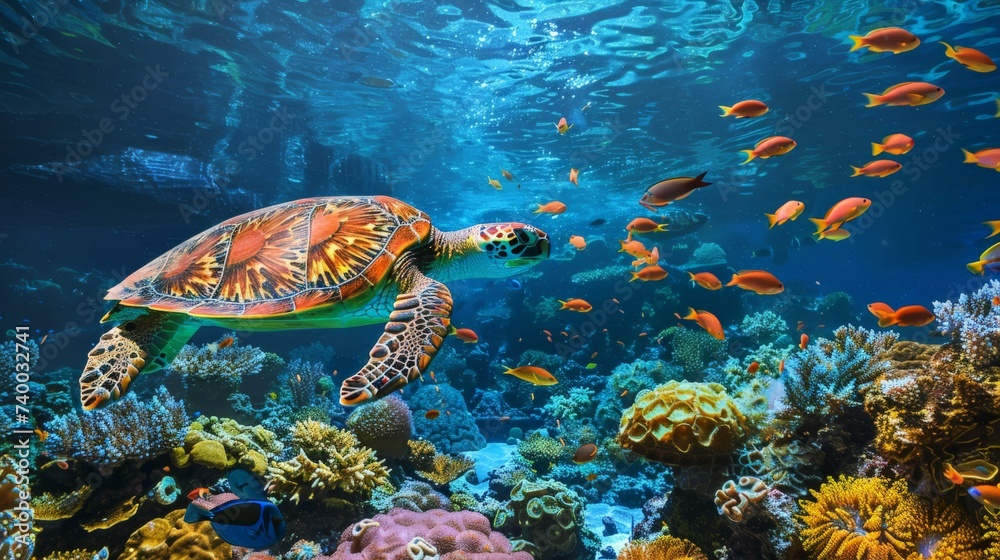 a coral reef bustling with marine life, including schools of fish and a gracefully swimming sea turtle a coral reef bustling with marine life, including schools of fish and a gracefully swimming sea turtle