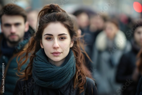 Large group of people standing in the street with focus on woman looking at camera, illustration