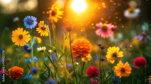 Field of wild flowers  mystical foggy morning