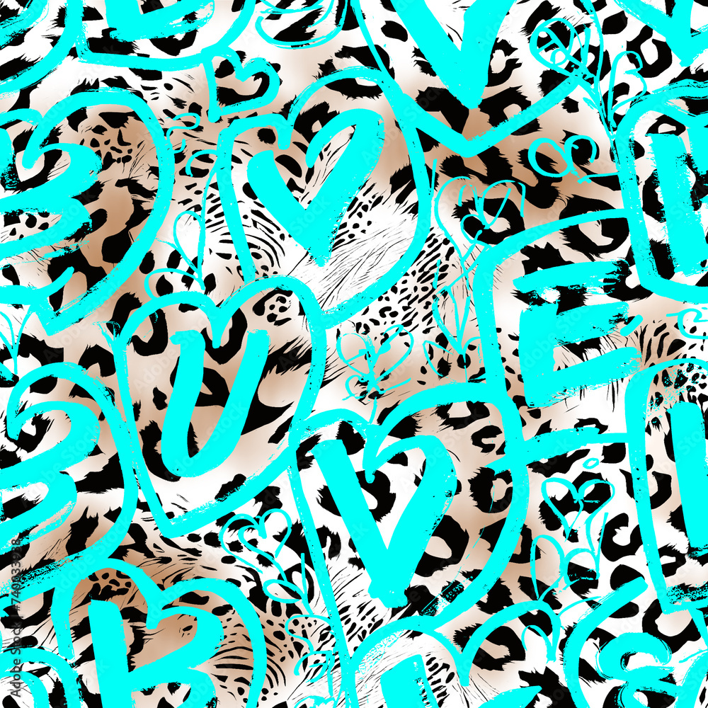 Obraz premium Seamless leopard texture with graffiti pattern.