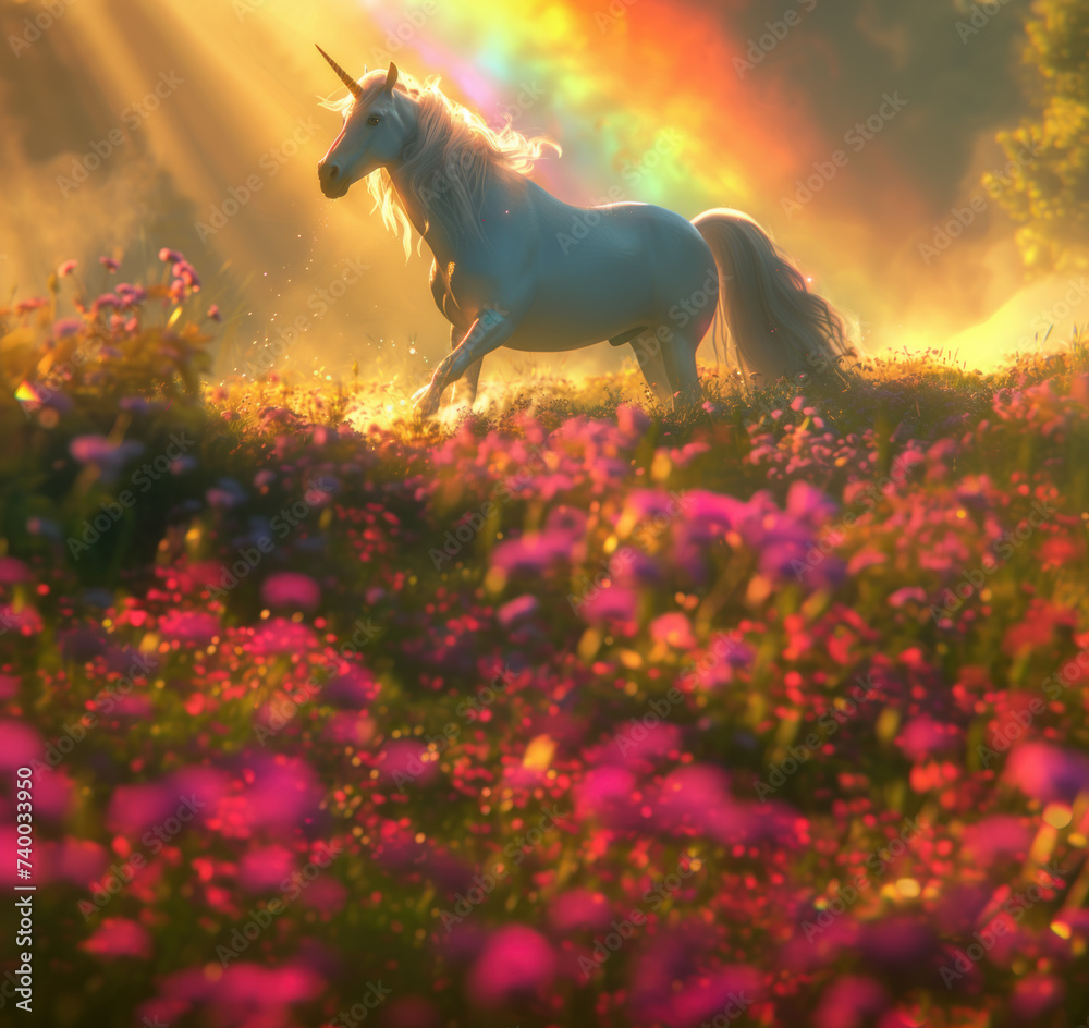 Magic unicorn in blossoming meadow, fairytale atmosphere - obrazy, fototapety, plakaty 