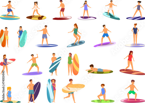 Children surfing icons set cartoon vector. Wave surfer kid. Water summer fun