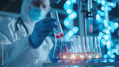 Scientist Holding Test Tube with DNA Molecules and Genetic Material