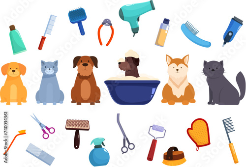 Pet grooming icons set cartoon vector. Shower puppy cut. Brush animal