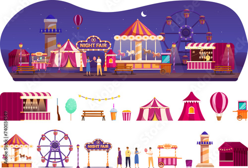 Night fair icons set cartoon vector. Market stall. Kiosk street marketplace