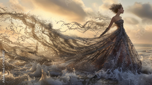 Goddess of fairy in magical dress walks on water, magical sea scene © Kondor83