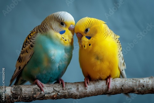 Two colorful birds, a parakeet and a canary, sit perched on a yellow branch, their beaks and feathers glistening in the outdoor sunlight, showcasing the beauty of wildlife in harmony