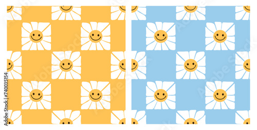 Seamless pattern with retro daisy cartoon on yellow and blue backgrounds vector illustration.