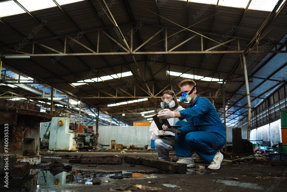 A team of engineers wearing safety suits and gas masks is under inspection of a chemical tank at an industrial site. A team of engineers wearing safety suits and gas masks is under inspection of a chemical tank at an industrial site.