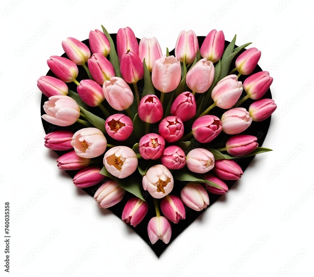 A heart-shaped arrangement of tulips against a white background