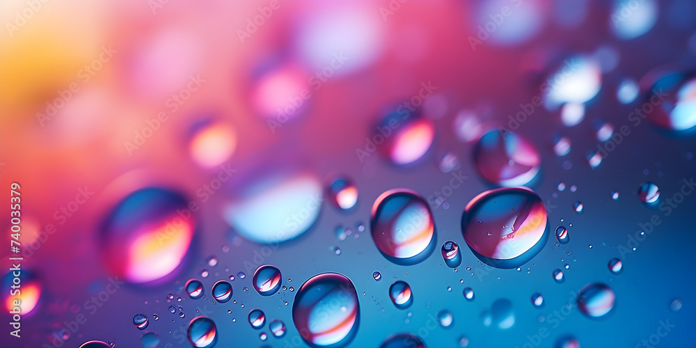Banner water drops on a colorful rainbow background close-up. Template for wallpaper, print and graphics