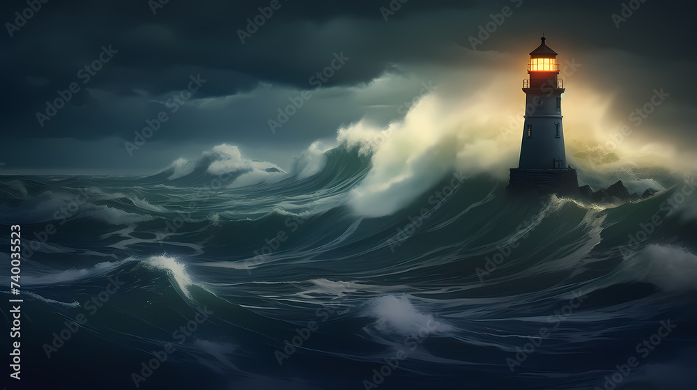 A lighthouse in the middle of a large body of water with waves in front and a light in the cloudy sky above the lighthouse