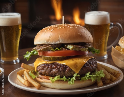 Cheeseburgers and fries with a cold beer on a plate in the restaurant