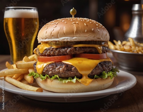 Cheeseburgers and fries with a cold beer on a plate in the restaurant