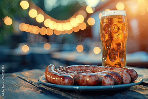 sausages serving on plate and a glass of beer on table outdoors photo