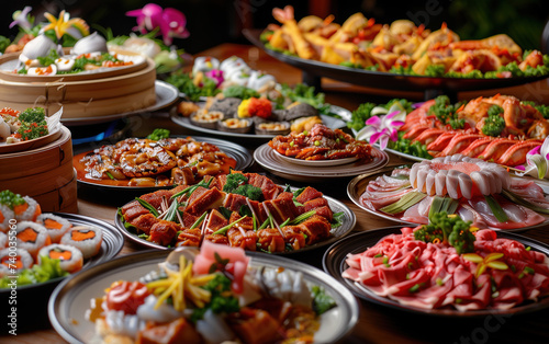 A table of sumptuous food,created with Generative AI tecnology.
