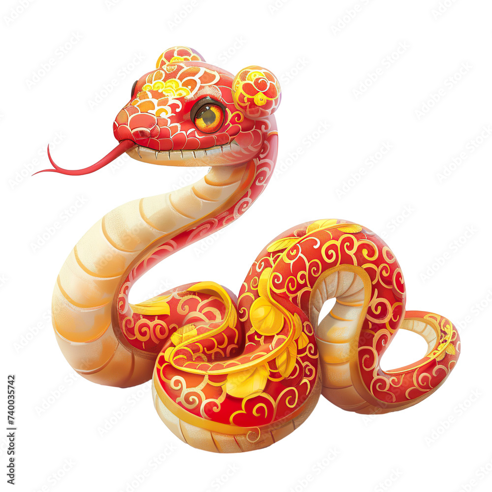 concept art of a cute chinese snake for lunar new year. Red and yellow color scheme, white background PNG