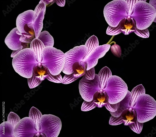 A branch of purple orchids with a patterned design on the petals against a black background