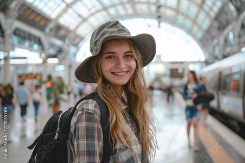 Happy young tourist woman with backpack at the modern train station