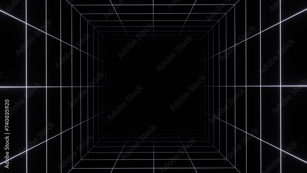 Fototapeta premium 3d retro futuristic black and white abstract background. Cube square Wireframe neon laser swirl grid lines with stars. Retroway synthwave videogame sci-fi tunnel