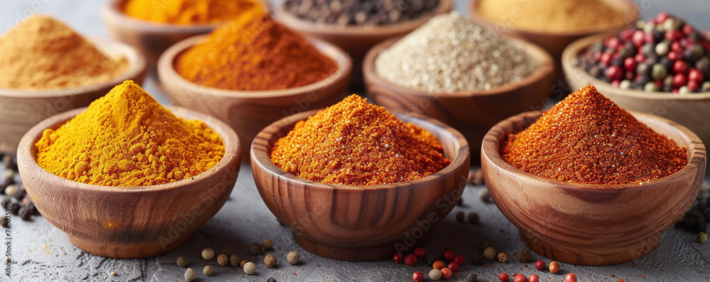 Assorted spices in wooden bowls on a textured surface, featuring turmeric, chili, and peppercorns.