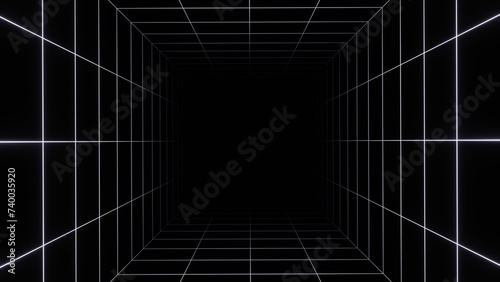 3d retro futuristic black and white abstract background. Cube square Wireframe neon laser swirl grid lines with stars. Retroway synthwave videogame sci-fi tunnel photo